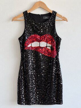 Aidan Mattox Black Sequin Red Lips Graphic Mini Dress Size 0 Y2K Pop Art